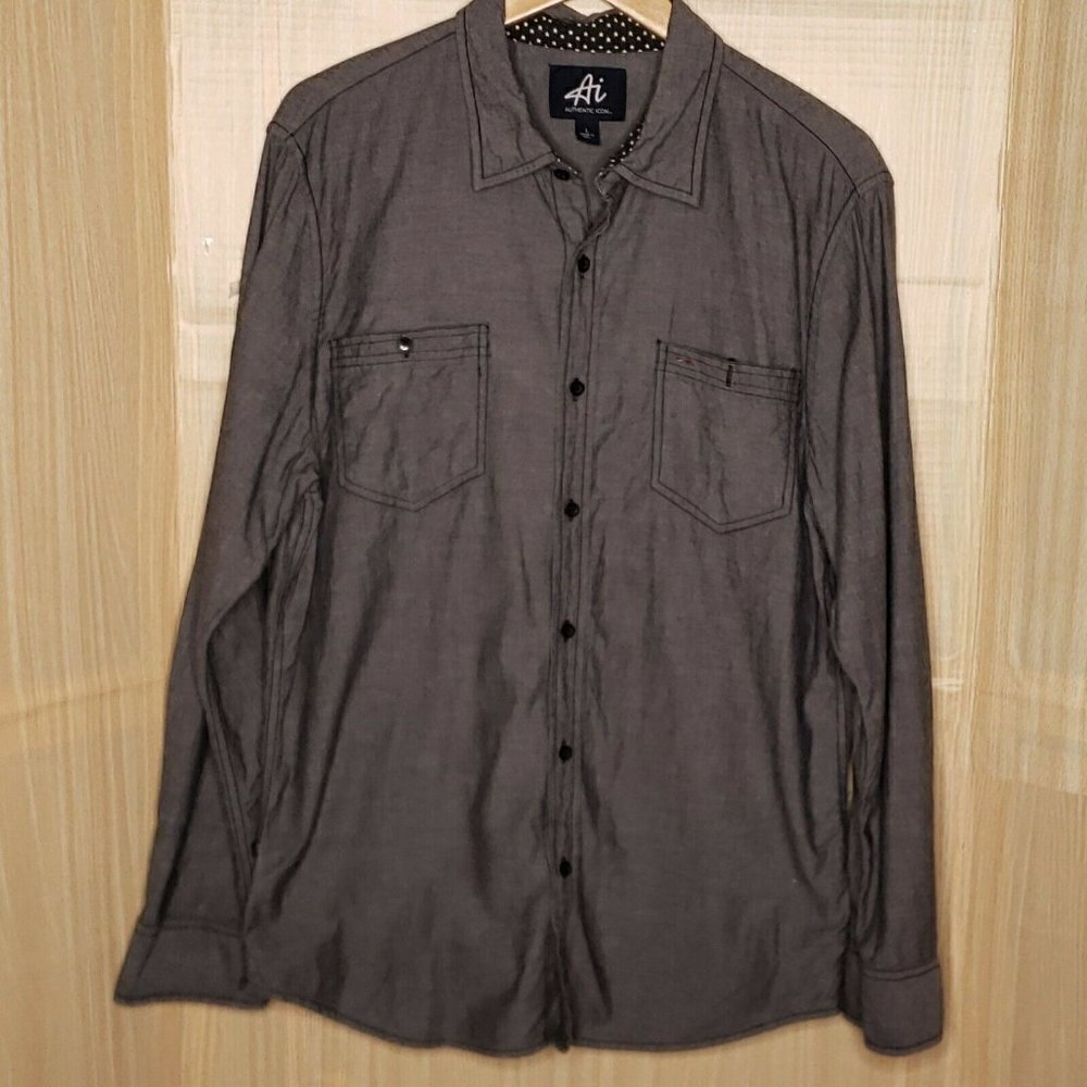 Authentic Icon Mens Grey American Flag Casual Button Down Large